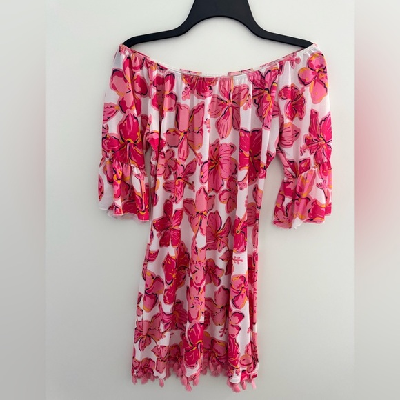 Simply Southern Pink off the shoulder Dress with Vibrant Hibiscus Floral Pattern - Picture 9 of 10